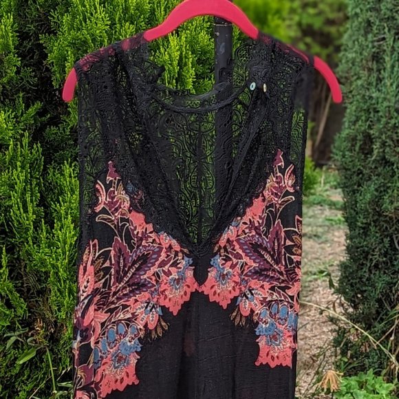 FREE PEOPLE Marsha Black Printed Lace flowy Slip Dress womens size Lg GUC - Picture 8 of 10